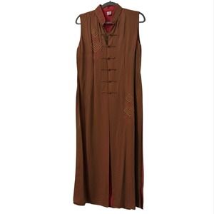 Asian Silk Duster Top L Bronze Mandarin Collar Frog Closures Embroidered Grunge